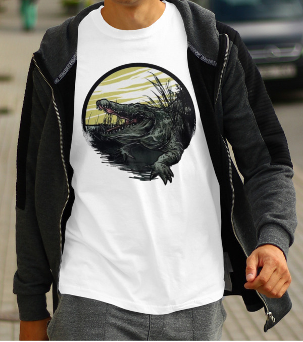 Crocodile Emerging From Water With Yellow Sky And Reeds T-Shirt