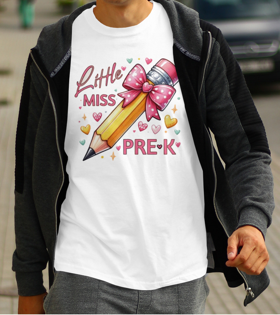 Little Miss Pre-K Pencil With Pink Bow And Hearts T-Shirt