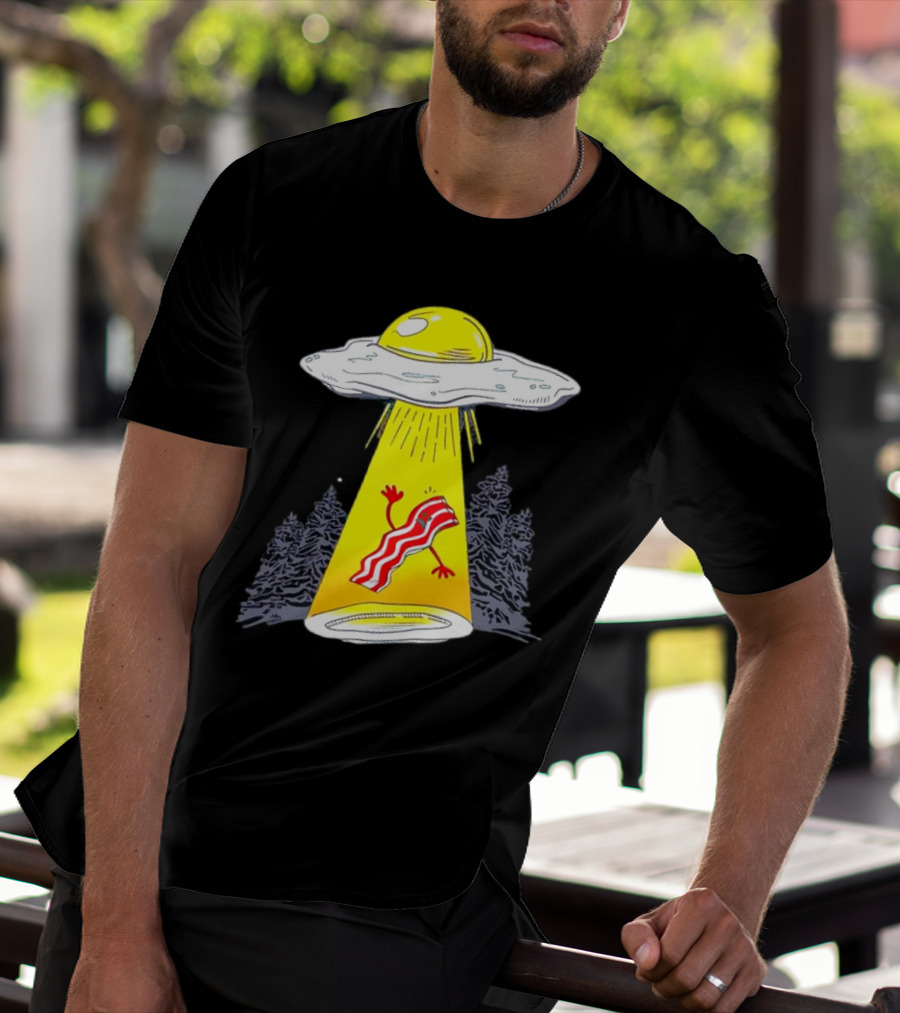 Wonder Nation Alien Breakfast Egg UFO Beaming Up A Walking Bacon Slice In Forest T-Shirt