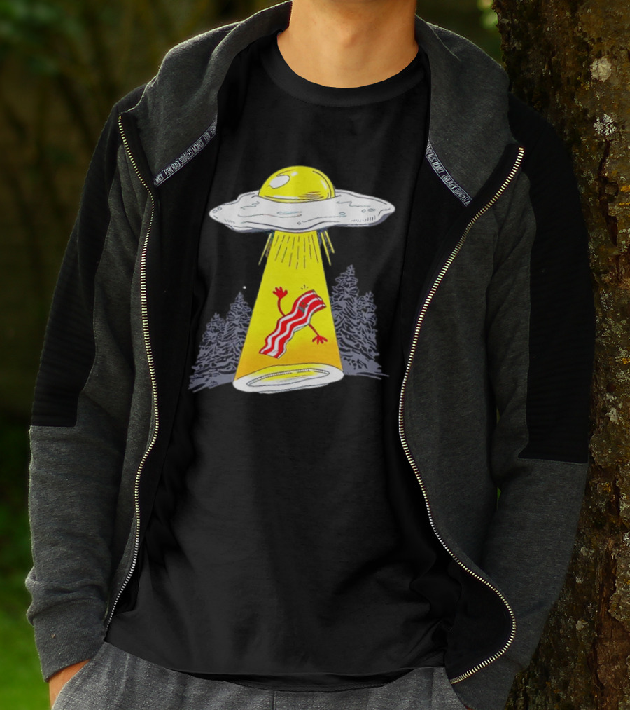 Wonder Nation Alien Breakfast Egg UFO Beaming Up A Walking Bacon Slice In Forest T-Shirt
