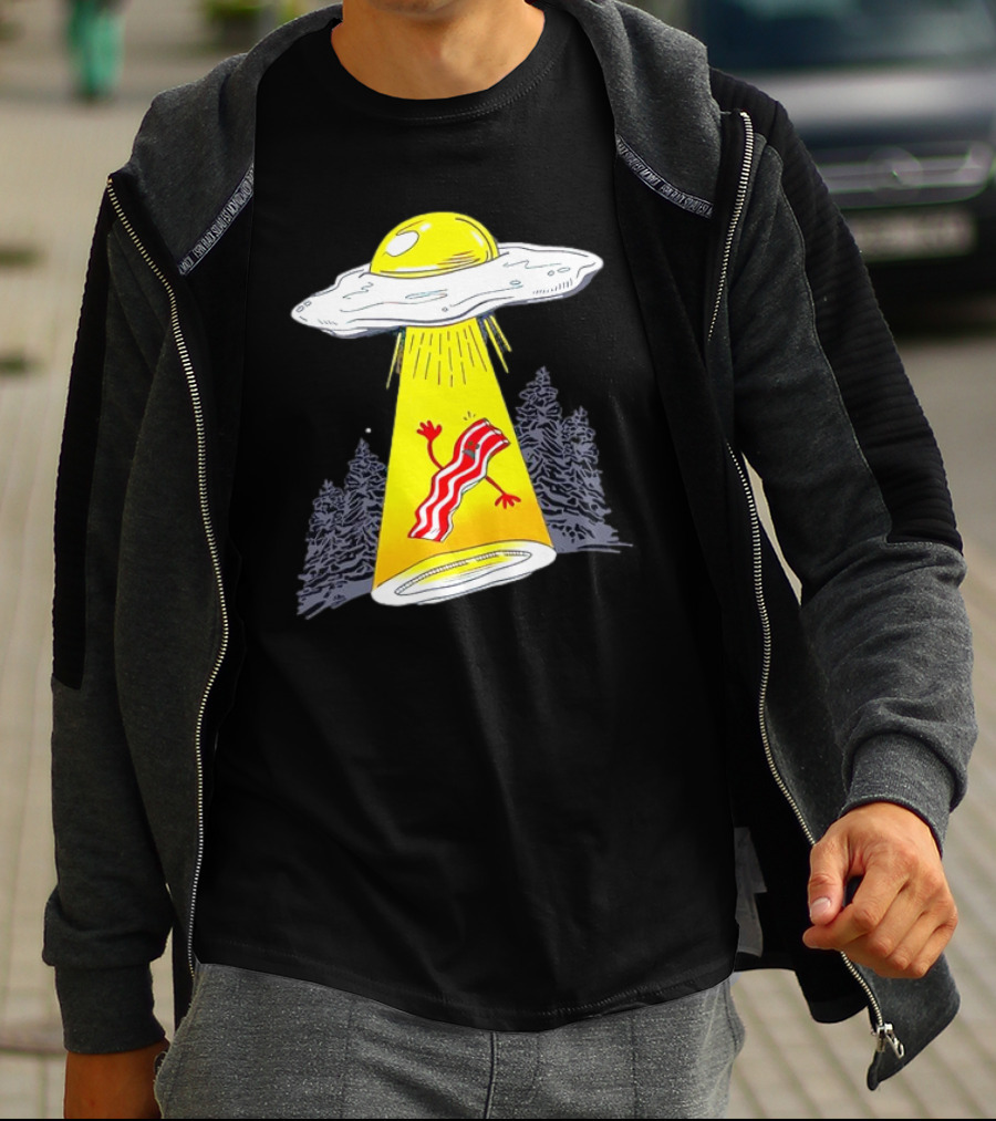 Wonder Nation Alien Breakfast Egg UFO Beaming Up A Walking Bacon Slice In Forest T-Shirt
