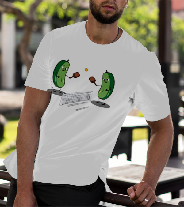 Pickles Playing Pickleball With Smiling Characters And Paddles T-Shirt