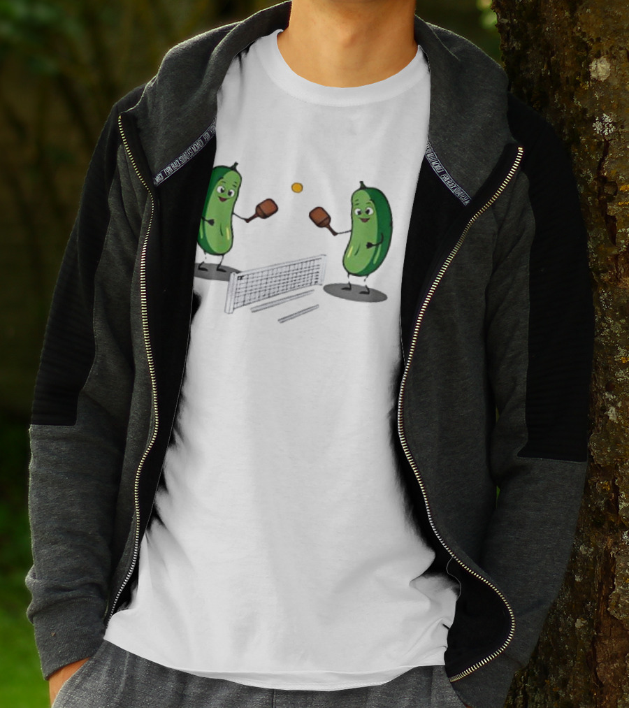 Pickles Playing Pickleball With Smiling Characters And Paddles T-Shirt