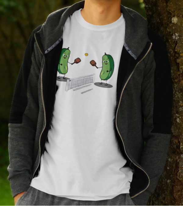 Pickles Playing Pickleball With Smiling Characters And Paddles T-Shirt
