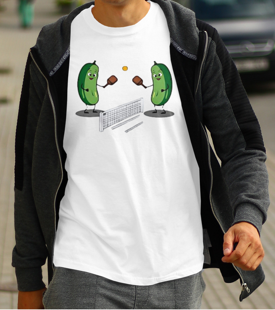 Pickles Playing Pickleball With Smiling Characters And Paddles T-Shirt