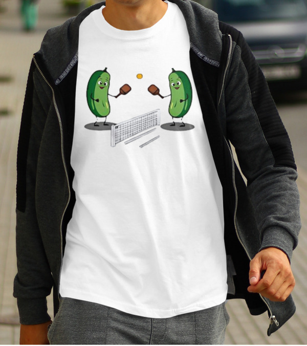 Pickles Playing Pickleball With Smiling Characters And Paddles T-Shirt