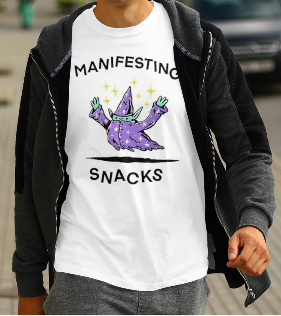 Manifesting Snacks Flying Wizard With Stars T-Shirt
