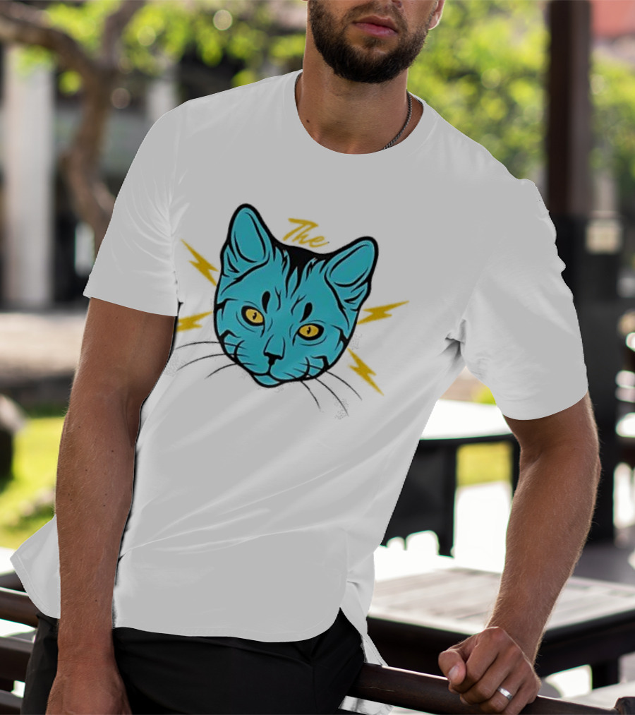 The Cat Thunder Studio Blue Cat Head With Yellow Lightning Bolts T-Shirt