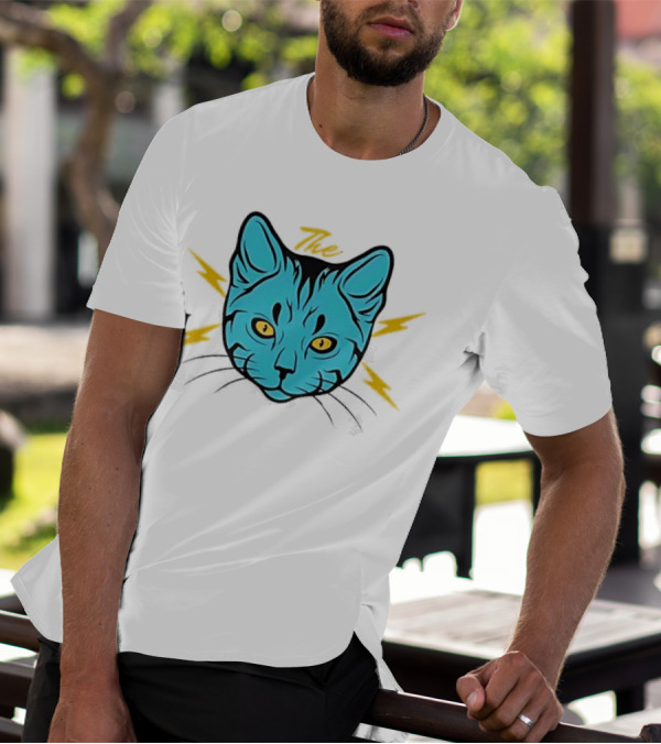 The Cat Thunder Studio Blue Cat Head With Yellow Lightning Bolts T-Shirt
