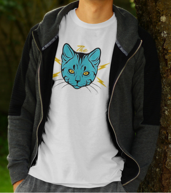 The Cat Thunder Studio Blue Cat Head With Yellow Lightning Bolts T-Shirt