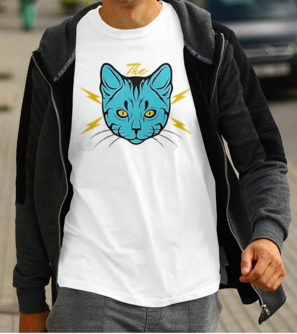 The Cat Thunder Studio Blue Cat Head With Yellow Lightning Bolts T-Shirt