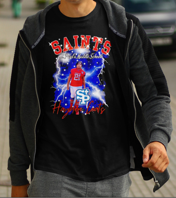 Saints St Paul’s Middle School Football Hayden Coats 21 Lightning Background T-Shirt
