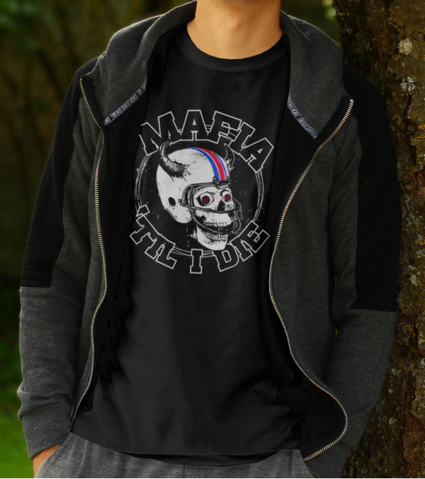 Mafia ‘Til I Die Skull Wearing Football Helmet With Horns And Red Blue Stripe T-Shirt