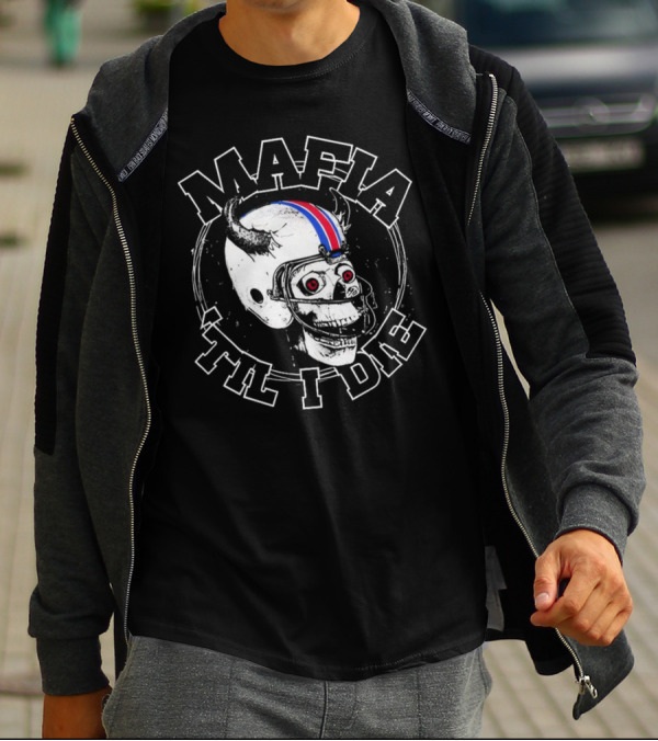 Mafia ‘Til I Die Skull Wearing Football Helmet With Horns And Red Blue Stripe T-Shirt