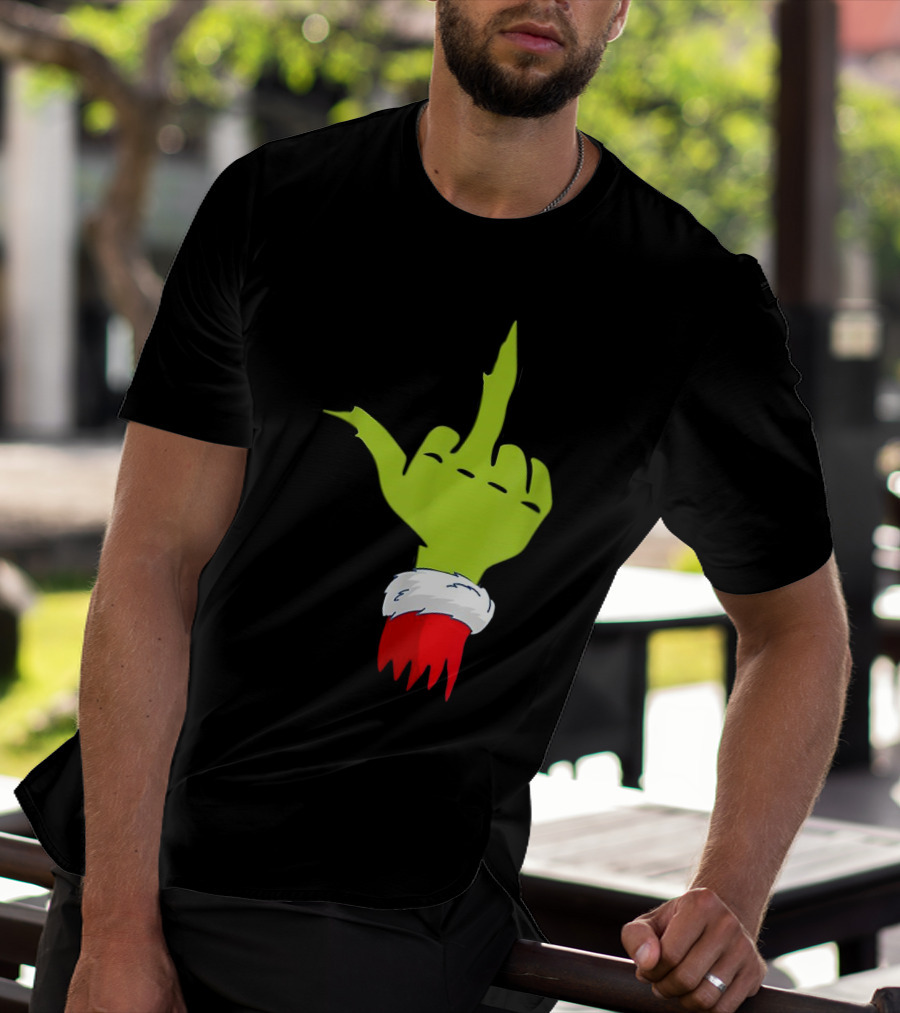 Grinch Middle Finger Merry Christmas Santa Hand Gesture T-Shirt