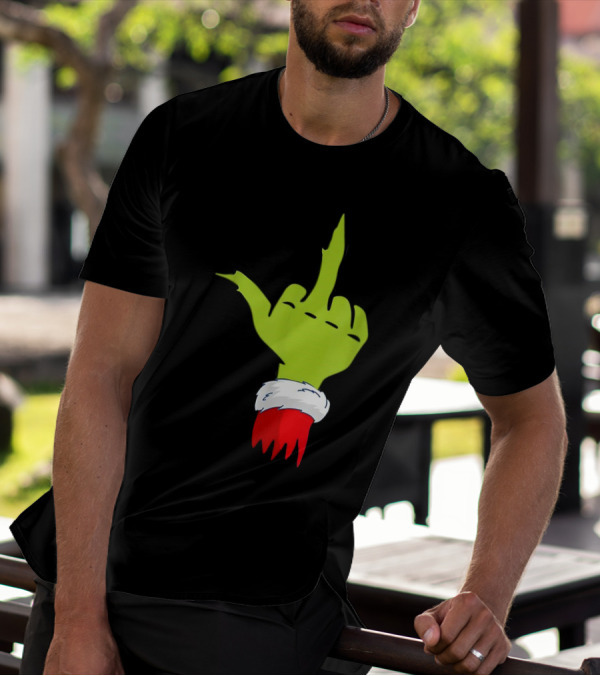 Grinch Middle Finger Merry Christmas Santa Hand Gesture T-Shirt