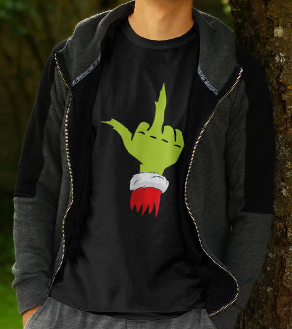 Grinch Middle Finger Merry Christmas Santa Hand Gesture T-Shirt