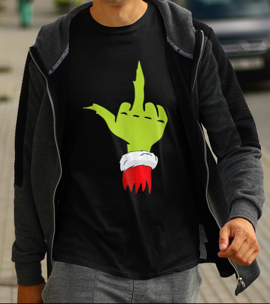 Grinch Middle Finger Merry Christmas Santa Hand Gesture T-Shirt