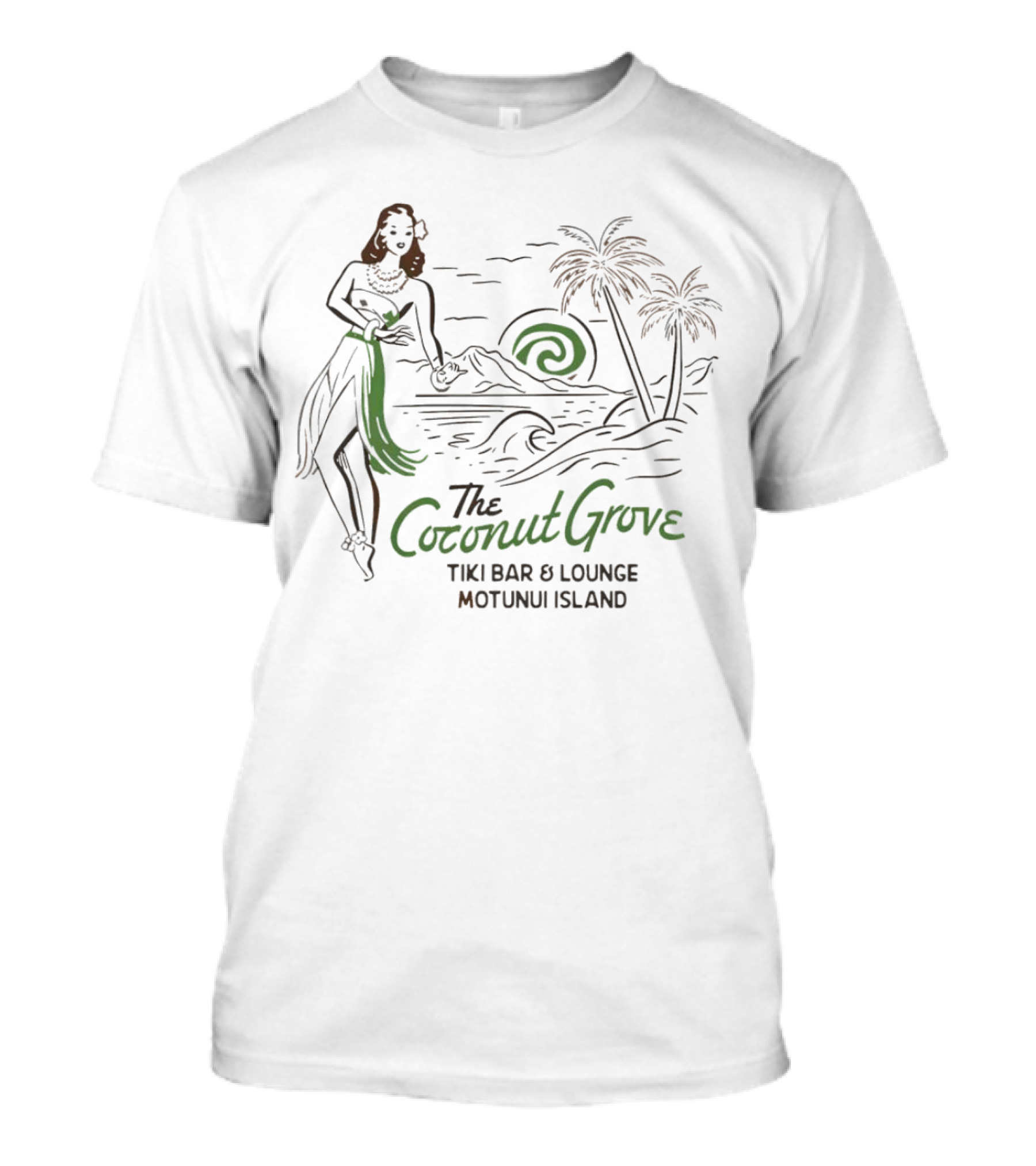 The Coconut Grove Tiki Bar And Lounge Motunui Island Woman With Palm Trees And Waves T-Shirt