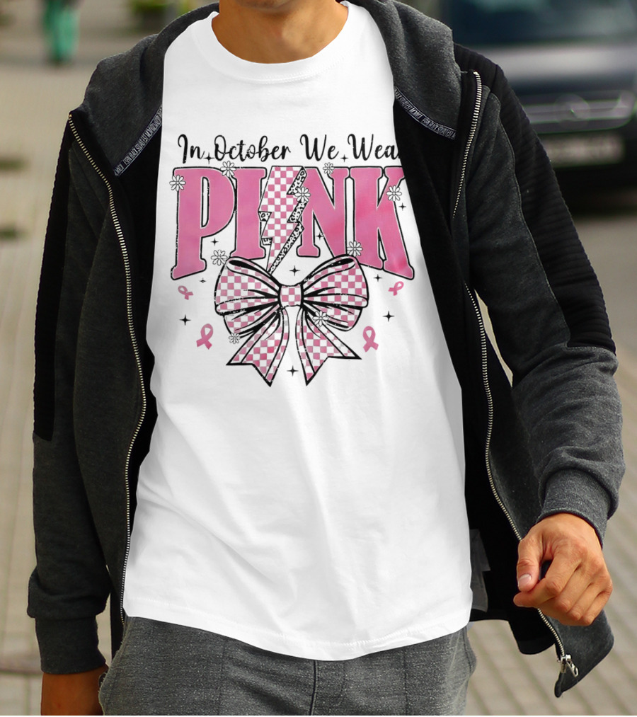 In October We Wear Pink Checkered Bow Lightning T-Shirt