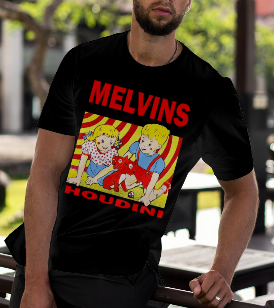 Melvins Houdini Late 00s Jerks Kids With Red Dog And Swirling Red Yellow Background T-Shirt