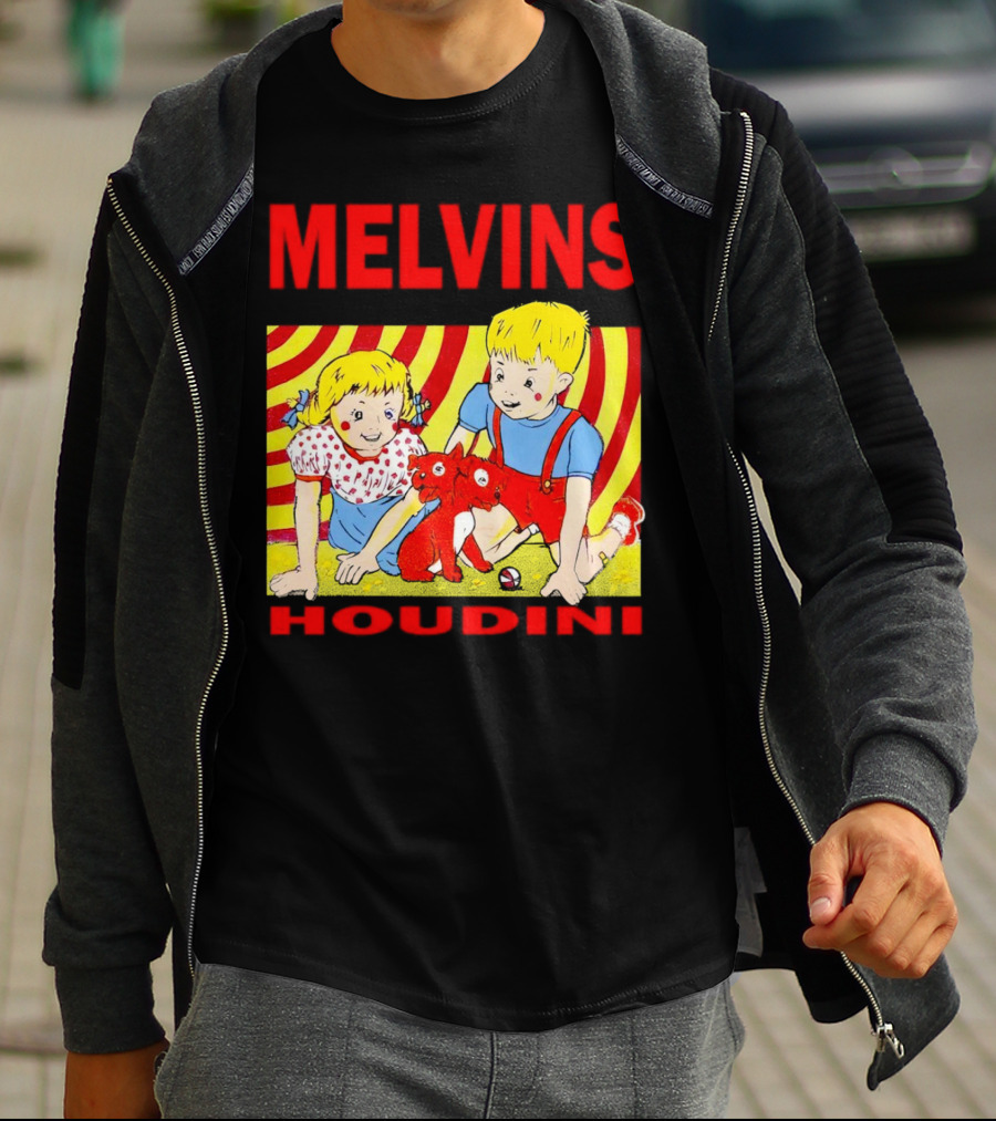 Melvins Houdini Late 00s Jerks Kids With Red Dog And Swirling Red Yellow Background T-Shirt