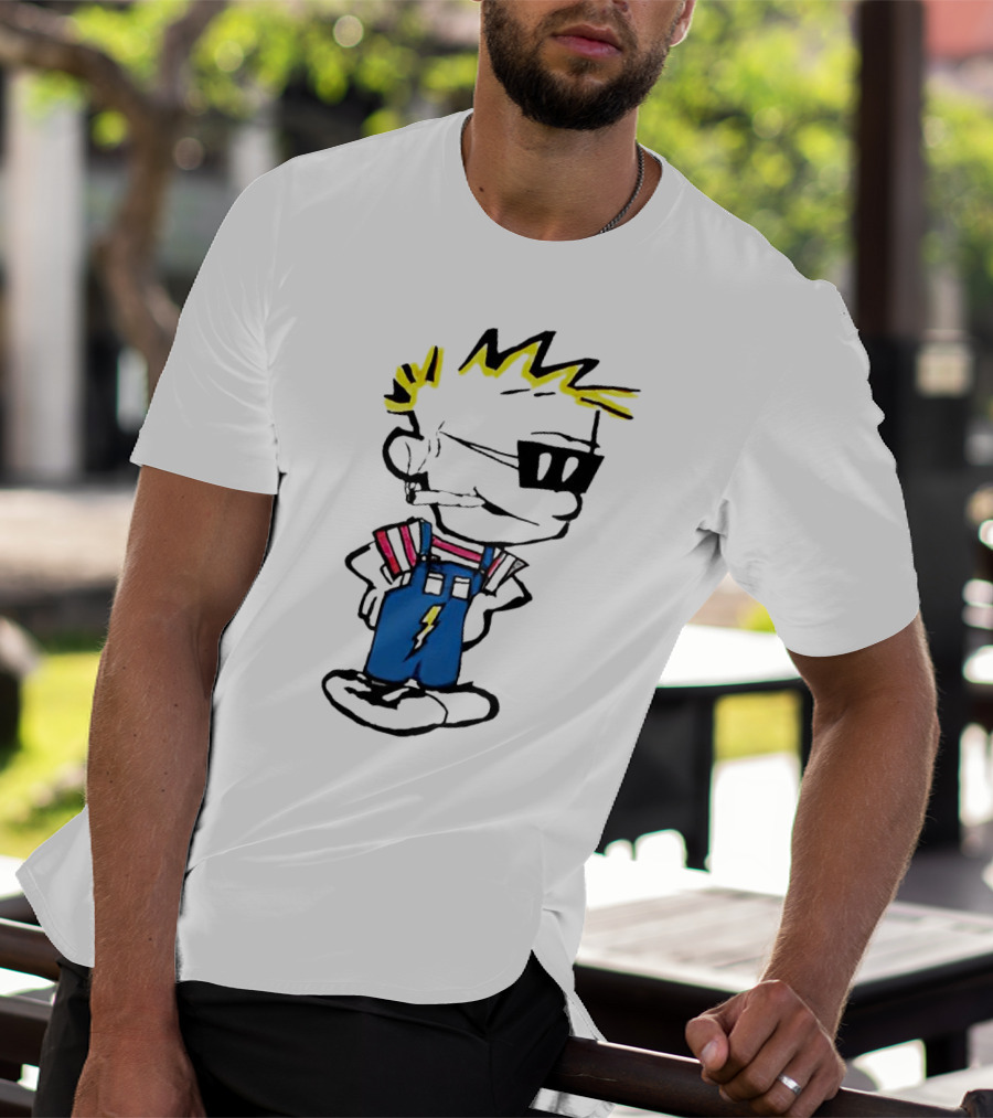 Calvin And Hobbes Spaceman Spiff Lightning Overalls Yellow Hair Sunglasses T-Shirt