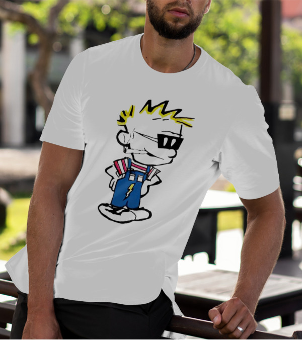 Calvin And Hobbes Spaceman Spiff Lightning Overalls Yellow Hair Sunglasses T-Shirt