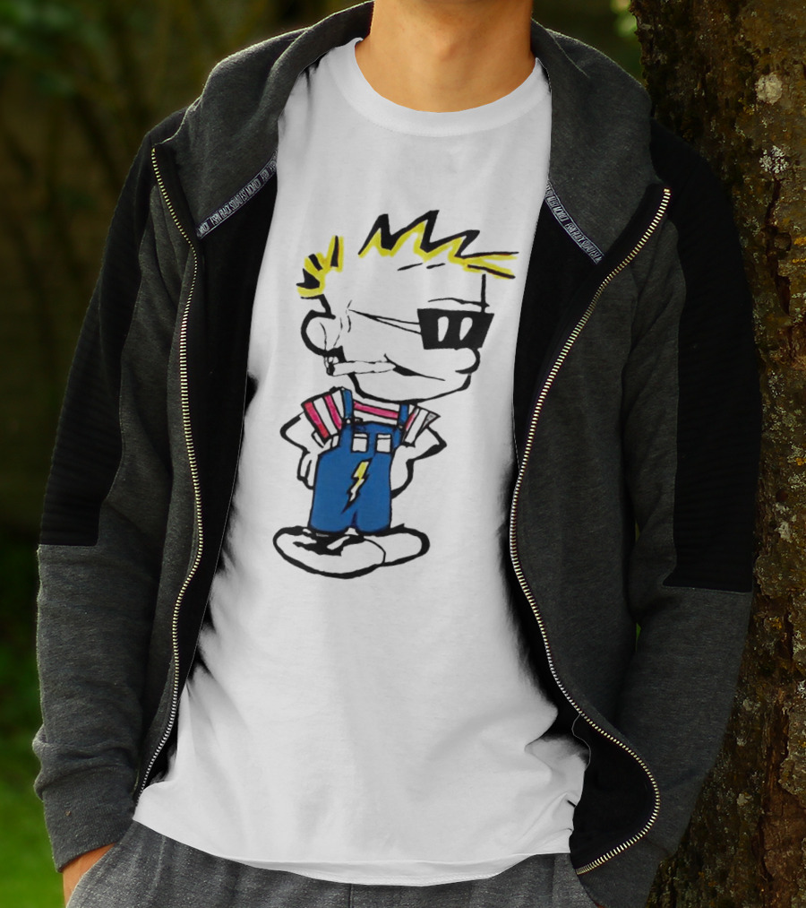 Calvin And Hobbes Spaceman Spiff Lightning Overalls Yellow Hair Sunglasses T-Shirt
