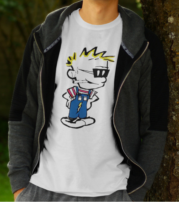 Calvin And Hobbes Spaceman Spiff Lightning Overalls Yellow Hair Sunglasses T-Shirt