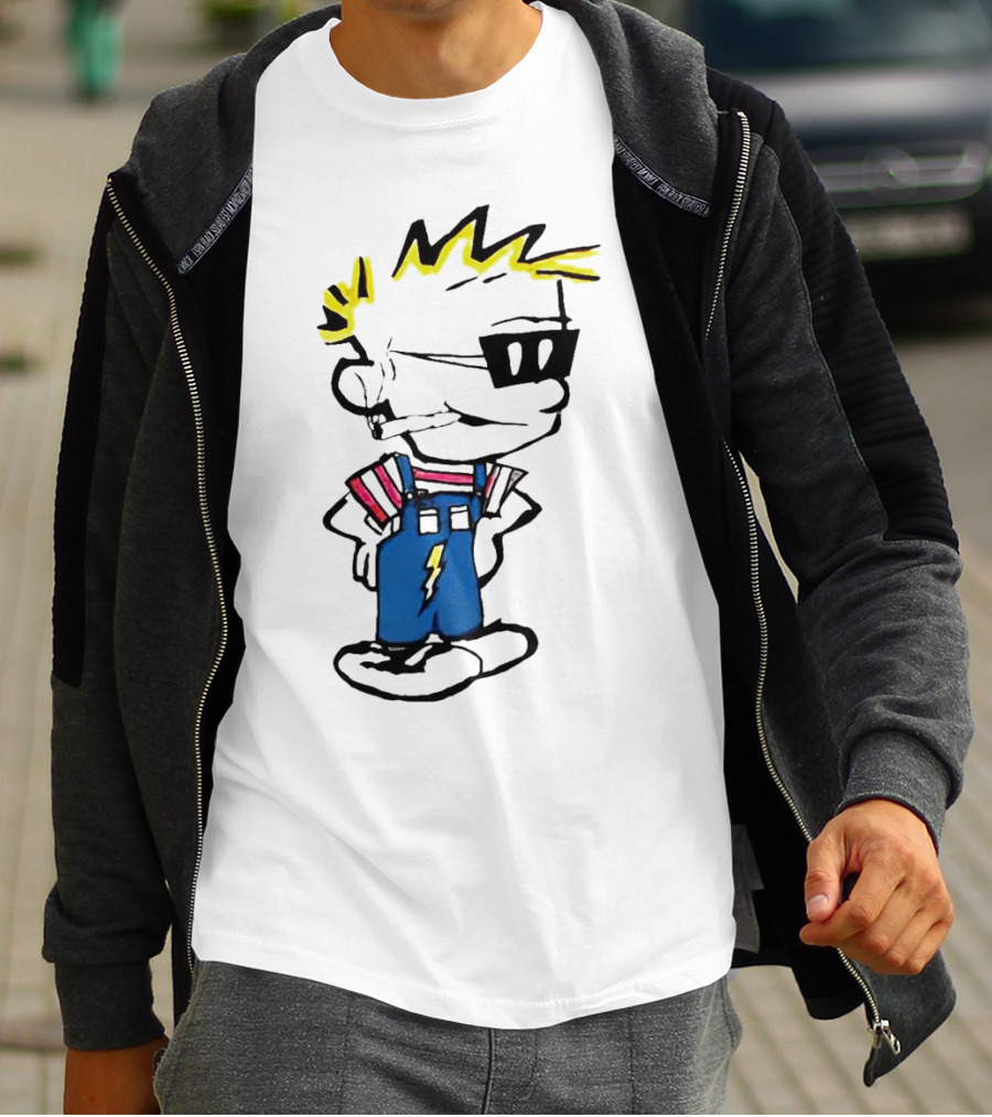 Calvin And Hobbes Spaceman Spiff Lightning Overalls Yellow Hair Sunglasses T-Shirt