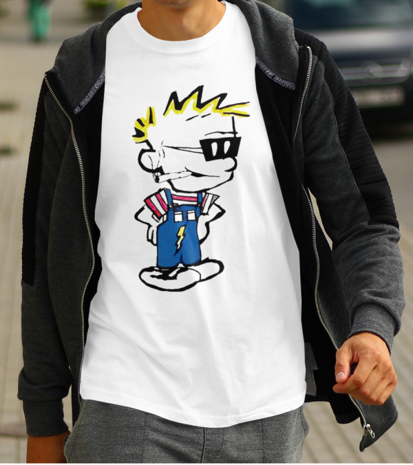 Calvin And Hobbes Spaceman Spiff Lightning Overalls Yellow Hair Sunglasses T-Shirt