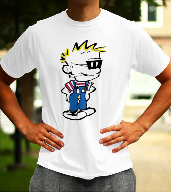 Calvin And Hobbes Spaceman Spiff Lightning Overalls Yellow Hair Sunglasses T-Shirt