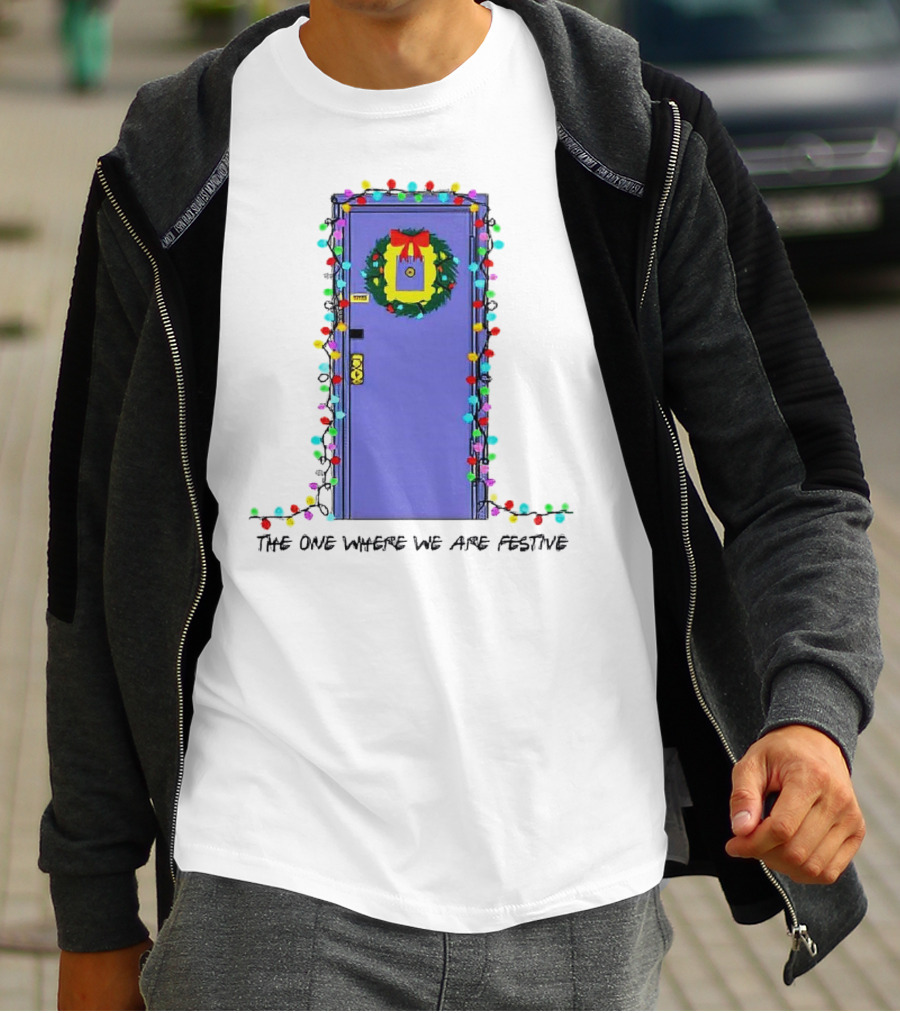 The One Where We Are Festive Teacher Door Wreath Christmas Lights T-Shirt