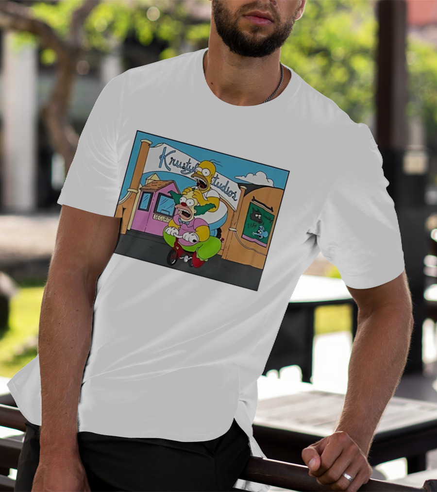 Krustyland Studios With Homer And Krusty The Clown On Bicycle From The Simpsons T-Shirt