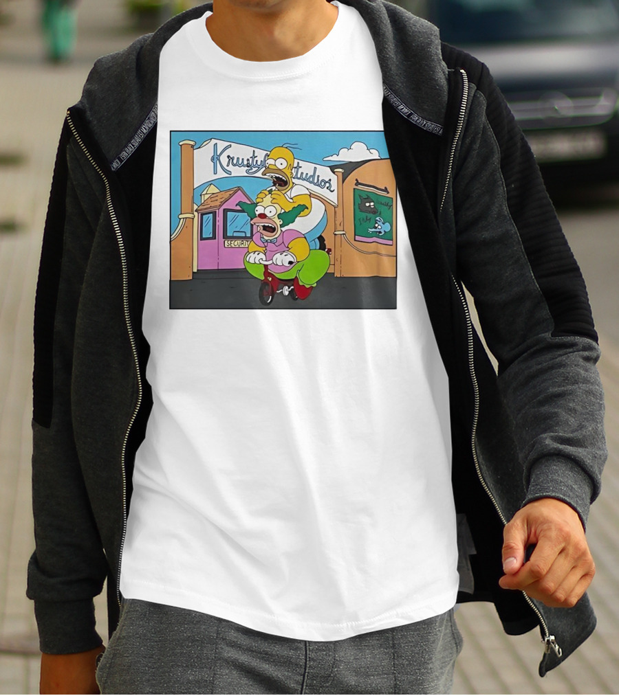 Krustyland Studios With Homer And Krusty The Clown On Bicycle From The Simpsons T-Shirt