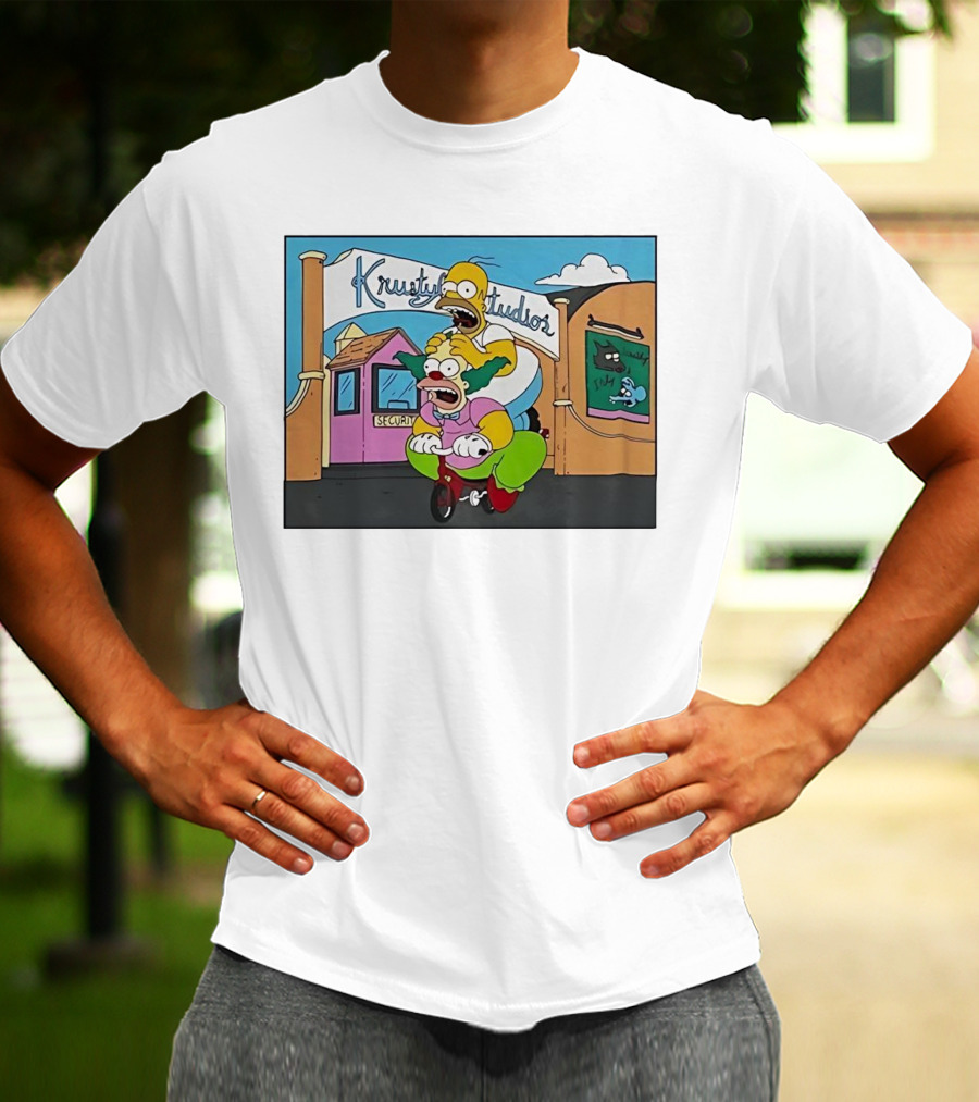 Krustyland Studios With Homer And Krusty The Clown On Bicycle From The Simpsons T-Shirt