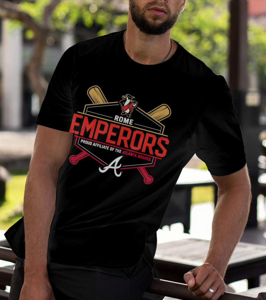 Rome Emperors Proud Affiliate Of The Atlanta Braves Logo With Crossed Bats And Mascot T-Shirt