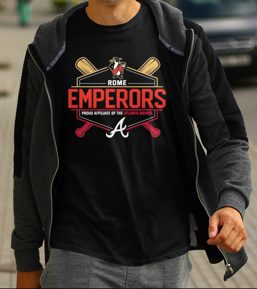 Rome Emperors Proud Affiliate Of The Atlanta Braves Logo With Crossed Bats And Mascot T-Shirt