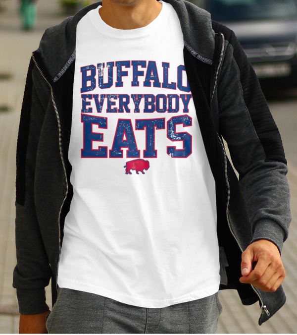 Buffalo Everybody Eats Red Bison Icon Bold Blue Letters T-Shirt