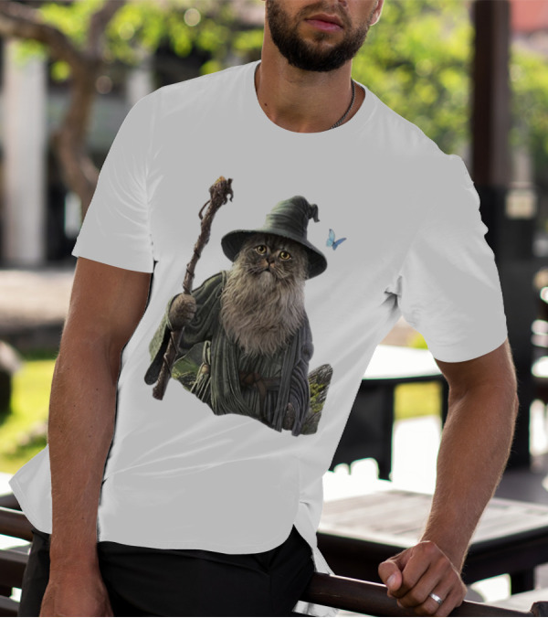 Cat The Mountain Wizard Catdalf Cat With Staff And Hat T-Shirt