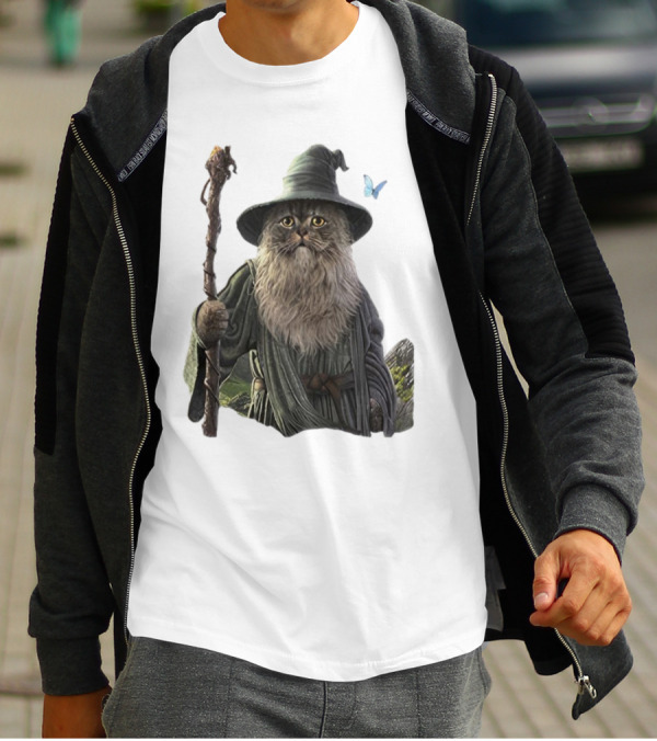 Cat The Mountain Wizard Catdalf Cat With Staff And Hat T-Shirt