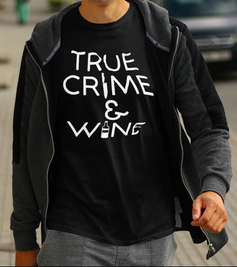 True Crime And Wine Knife And Bottle Motif T-Shirt