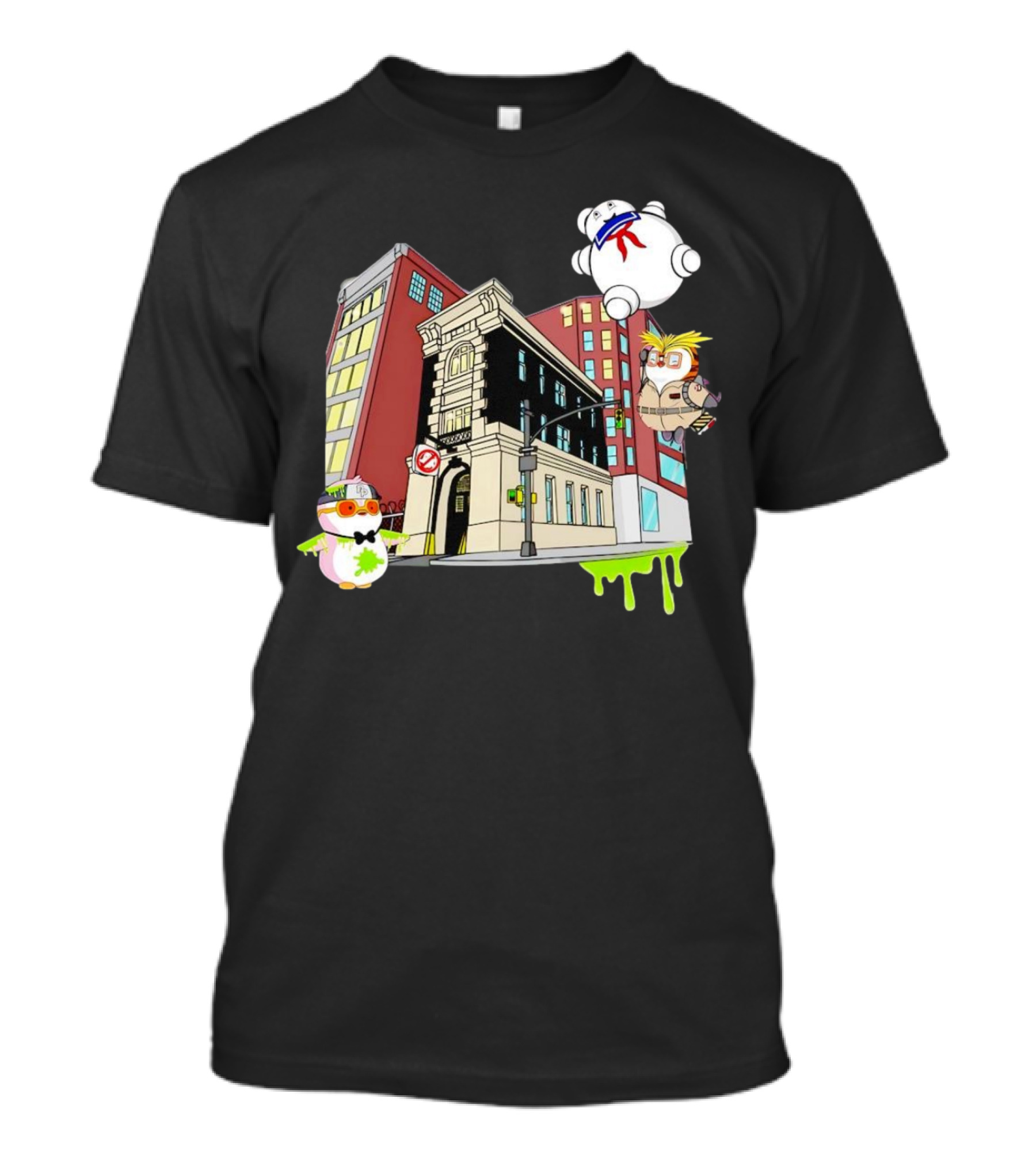 Stay Puft Marshmallow Man Pudgy Penguins Ghostbusters Firehouse Scene T-Shirt