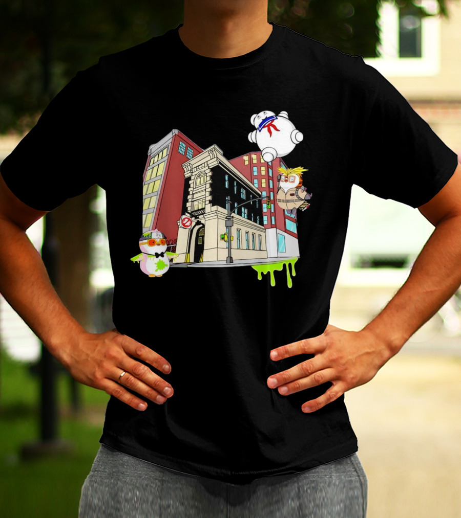 Stay Puft Marshmallow Man Pudgy Penguins Ghostbusters Firehouse Scene T-Shirt