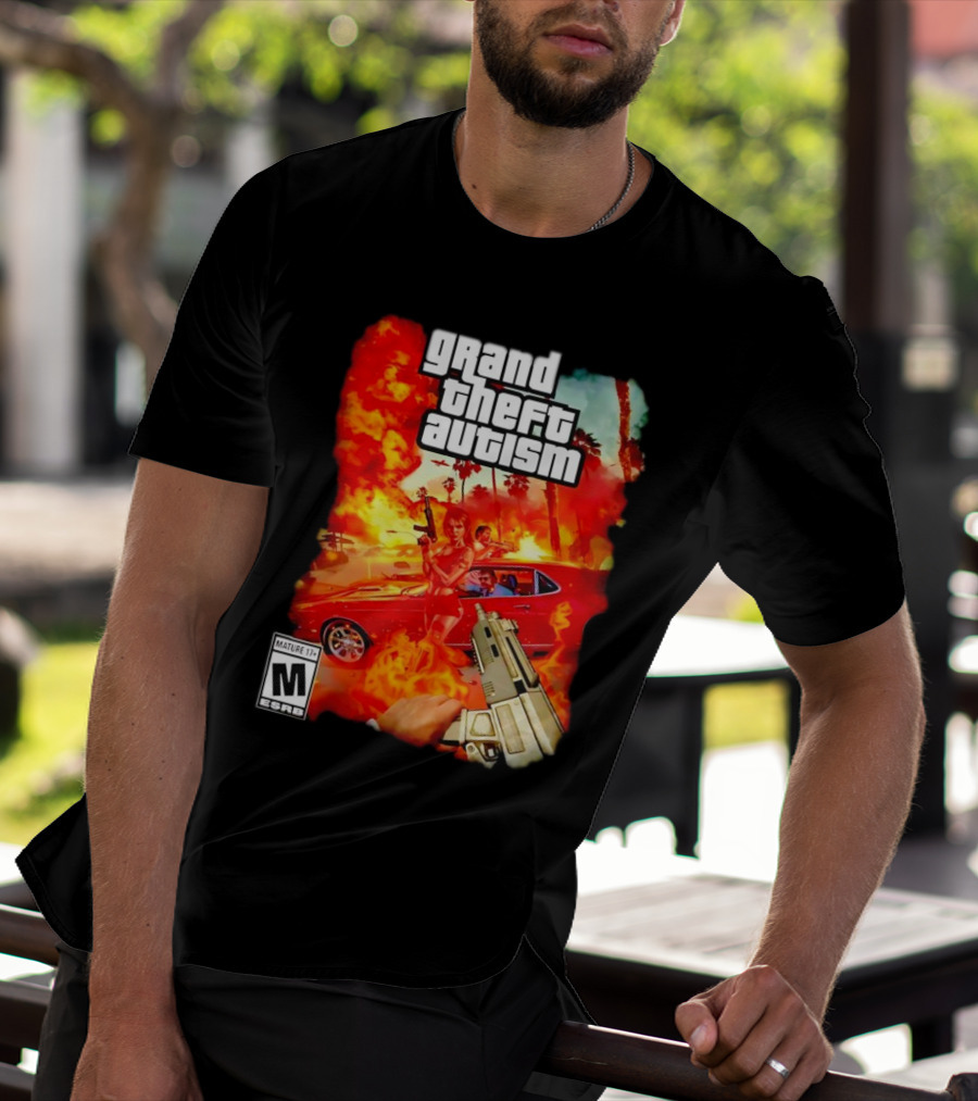 Grand Theft Autism Video Game Cover Parody With Car And Weapon T-Shirt