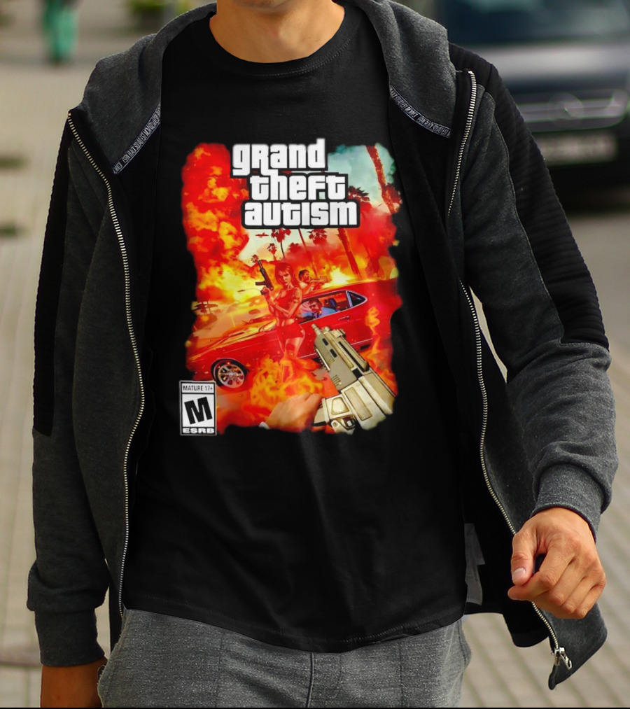 Grand Theft Autism Video Game Cover Parody With Car And Weapon T-Shirt