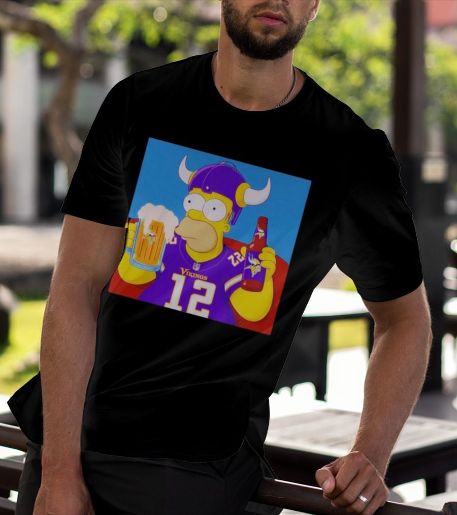 Homer Simpson In Minnesota Vikings Gear Drinking Beer T-Shirt