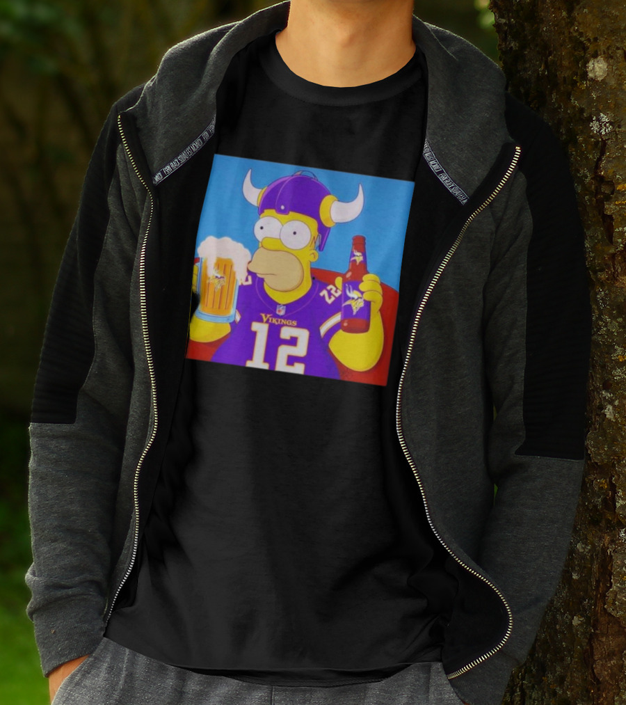 Homer Simpson In Minnesota Vikings Gear Drinking Beer T-Shirt