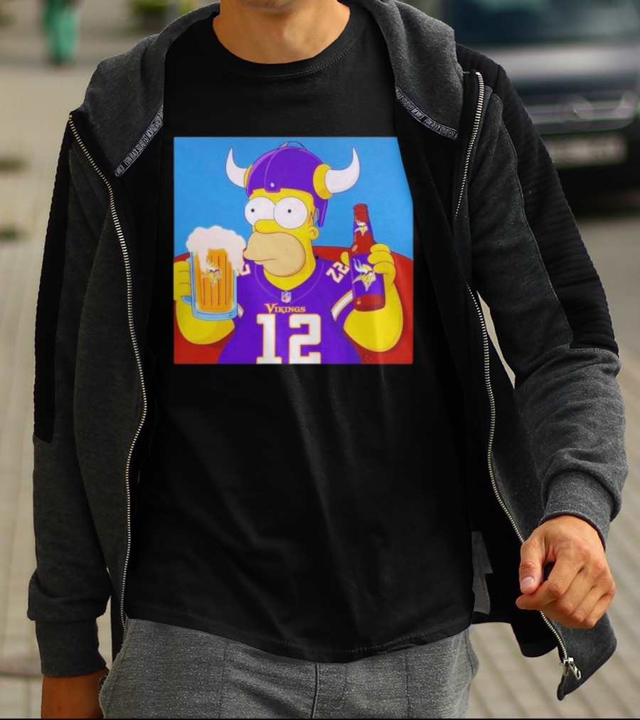 Homer Simpson In Minnesota Vikings Gear Drinking Beer T-Shirt